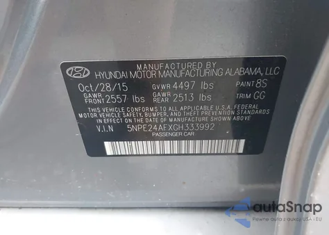 2016 Hyundai Sonata Se из США, поврежденный, VIN 5NPE24AFXGH333992